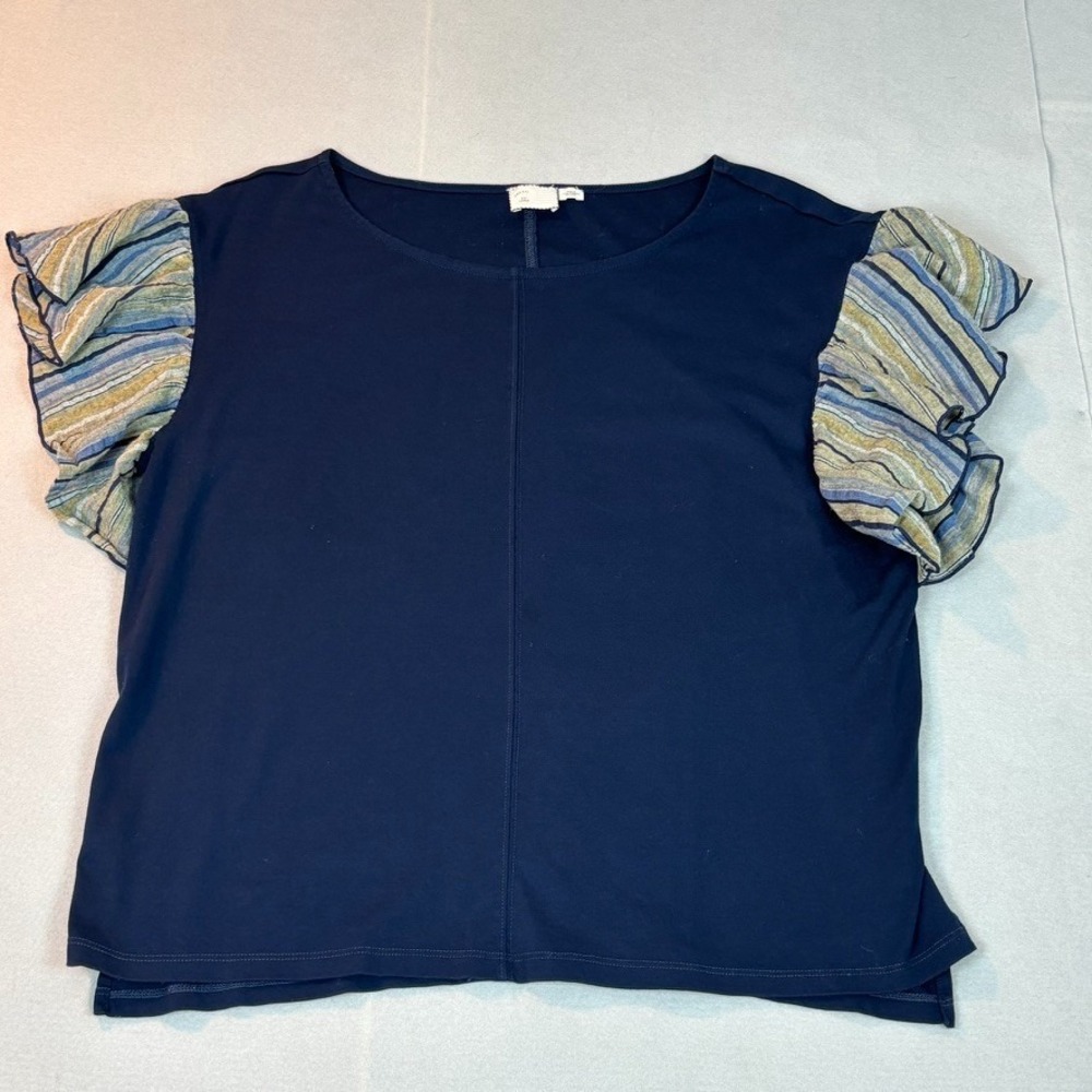 Anthropologie Postmark Ruffle Sleeve Navy Blue 100% Cotton Short Sleeve Tee sz L